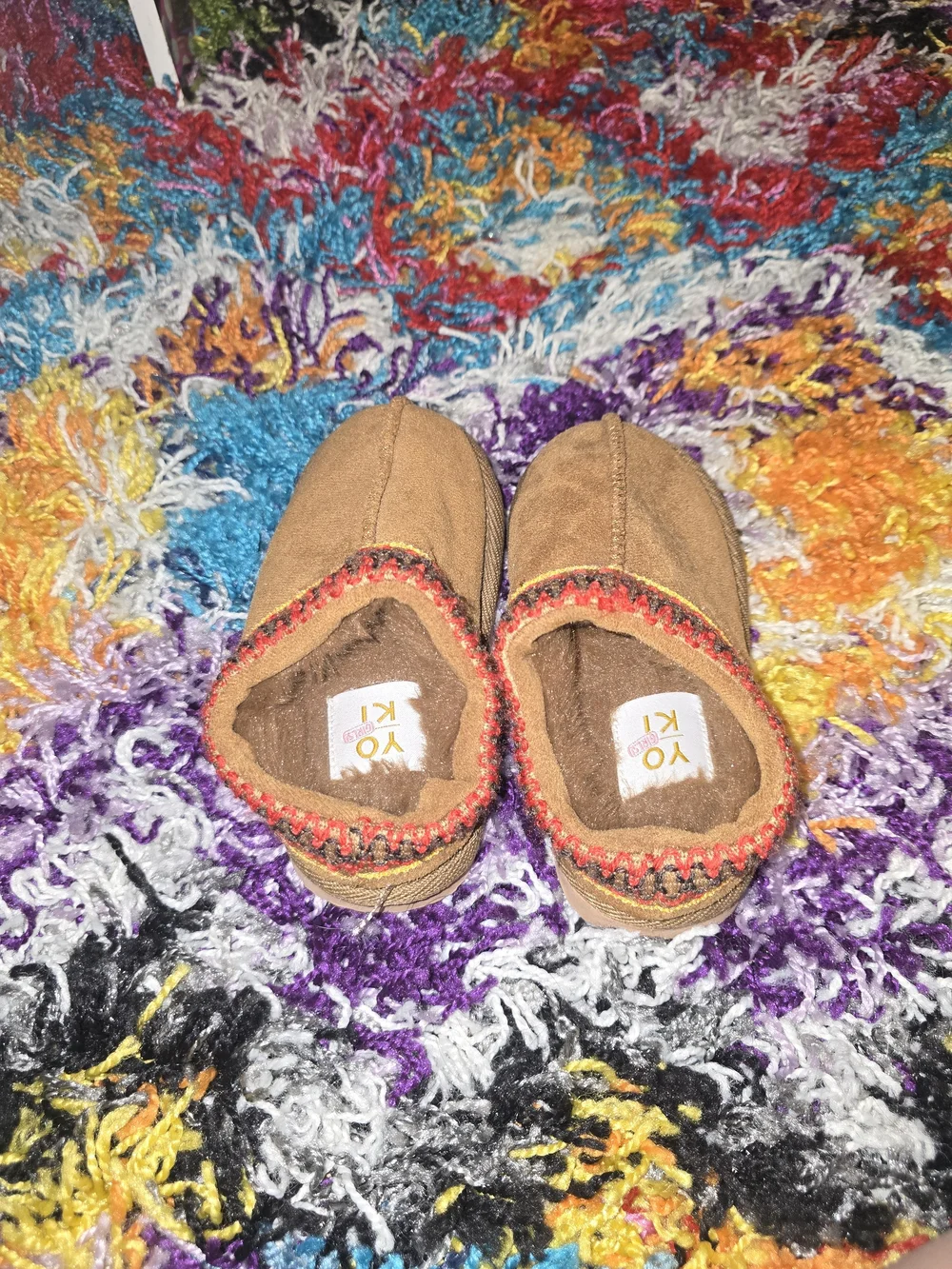 Toddler Soft Brown Suede Moccasin Slippers with Colorful Trim